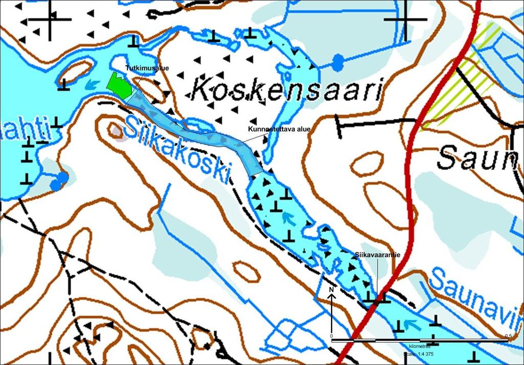 13 4.2 Tutkimusalue Kuva 3. Tutkimusalue (vihreällä) ja kunnostettava alue (sinisellä) sijaitsevat Siikavaaran tiestä luoteeseen Koskensaaren eteläpuolella.