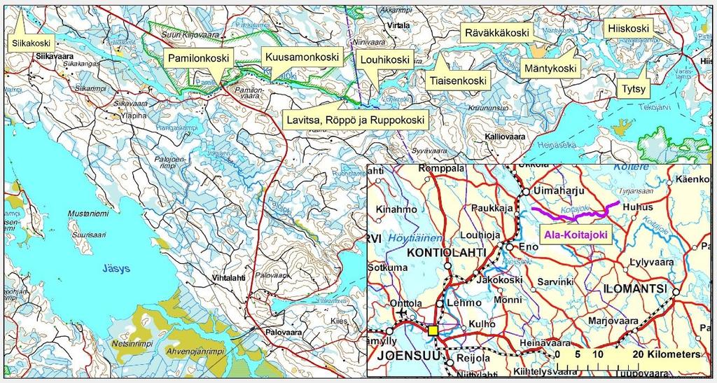 6 2 Tietoperusta ja keskeiset käsitteet 2.1 Ala-Koitajoki Ala-Koitajoki virtaa Ilomantsin kunnan ja Joensuun kaupunkiin kuuluvan Enon alueella. Joki saa alkunsa Koitereesta ja päättyy Pielisjokeen.