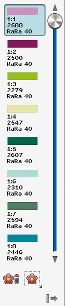 Jokaisessa luettelon värissä näkyy värijärjestys ja kuvion numero. Näytöllä näkyvät toisen värin kohdalle painamalla sitä väriluettelossa.