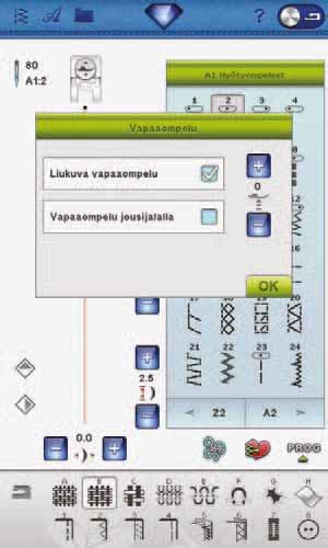 4 Ompelu VAPAAOMPELU jousitettu vapaaompelu. Liukuva vapaaompelu nousee ja laskee jokaisen tikin jälkeen ja pitää kankaan kiinni pistolevyssä tikinmuodostuksen aikana.