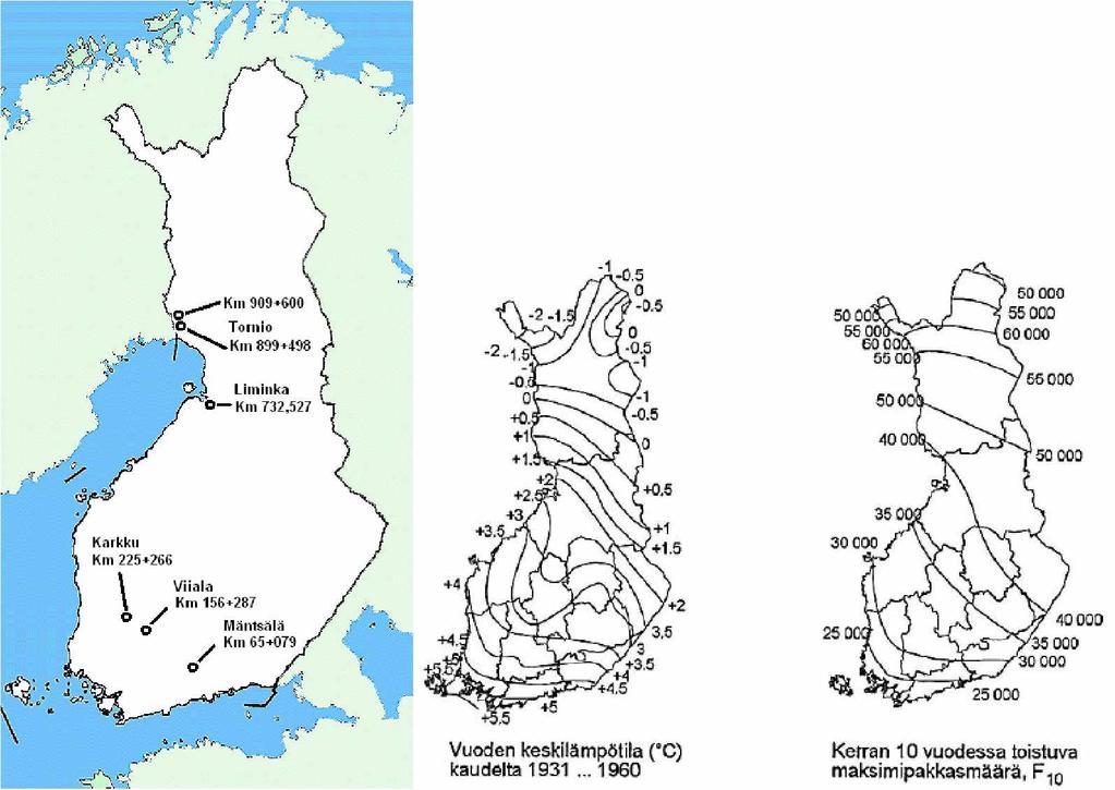 49 Kuva 3.5 Routaseurantakohteet ja tilastotietoa Suomen ilmastosta. Etelä-Suomen kohteet sijaitsivat ilmastoltaan samankaltaisissa oloissa.