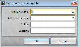 Tiedostojen sisällön käsittely 145 5. Napsauta kohdistin numeron sijoituslohkoon ja napsauta sitten painiketta Lisää Bates-numerointi... (Add Bates Numbering...): 6.