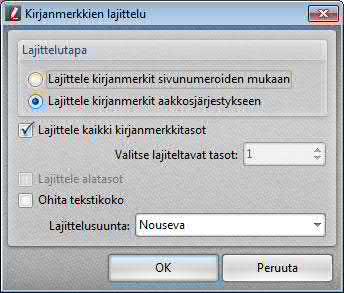 Kohteet nimeät valitsemalla Lisäasetukset (Advanced) -valikosta Kirjanmerkit Muunna nimetyiksi kohteiksi... (Bookmarks Convert to Named Destinations...). Jos asiakirjassa on nimettyjä kohteita, ne näkyvät toimintoluettelon muokkausikkunassa ja ovat valittavissa hyppyjen päämääräksi.