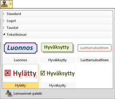 Kommentit ja merkinnät 183 Omat leimaluokat ja niiden leimasimet löytyvät leimasintyökalun valikosta samalla tavalla kuin valmiit leimat.