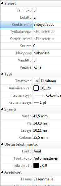 Lomakkeet 193 Tekstikenttä Tekstikenttään käyttäjä voi kirjoittaa tekstiä tai muita merkkejä. 1. Valitse tekstikenttätyökalu ja napsauta kentän lisäyskohtaan tai vedä sivulle sopivan kokoinen kenttä.