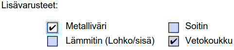 Lomakkeet 195 Valintaruutu Valintaruutujen avulla näytetään käyttäjälle joukko vaihtoehtoja, joista voi valita useitakin vaihtoehtoja yhtä aikaa. 1. Valitse valintaruututyökalu. 2.