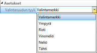 Valitse kohdasta Tyyli (Style) ruudun ulkoasu. 5. Valitse luettelosta Valintaruudun tyyli (Check Box Style), miten valinta merkitään ruutuun. 6.