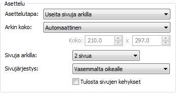 20 PDF-XChange ja Editor Plus 6.0 Asettelu: Useita sivuja Valinnalla Useita sivuja arkilla (Multiple Pages Per Sheet) asetellaan samalle PDF-sivulle useita asiakirjan sivuja.