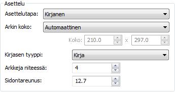 PDF-asetukset 21 Asettelu: Kirjanen Valinnalla Kirjanen (Booklet) PDF-sivu tulostetaan kaksipuoleista sidontaa varten.