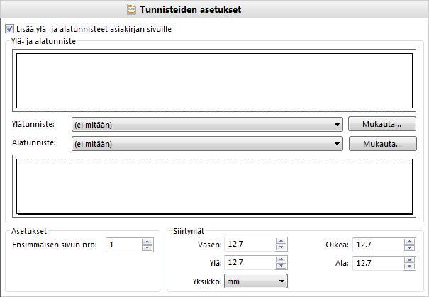 PDF-asetukset 23 2.4 Ylä- ja alatunnisteet Tunnisteet ovat jokaisella sivulla sivun ylä- tai alareunassa toistuvia tietoja.