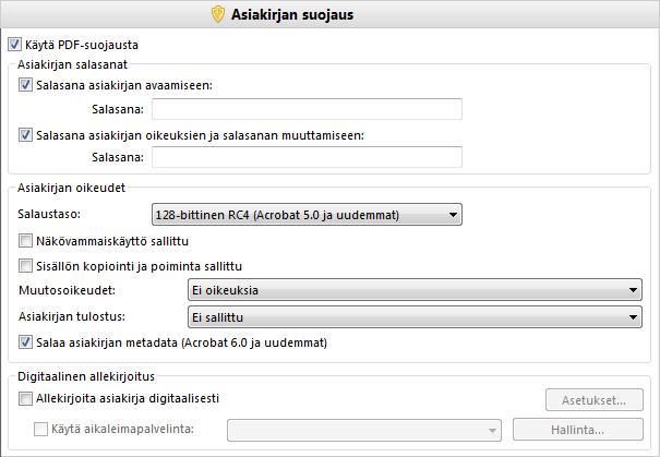 34 PDF-XChange ja Editor Plus 6.0 2.10 Dokumentin suojaus Voit suojata asiakirjan avaussalasanalla, käyttörajoituksilla ja digitaalisilla allekirjoituksilla.