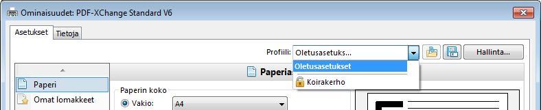 50 PDF-XChange ja Editor Plus 6.0 2.15 Profiilit Tallennettu profiili voi sisältää useita PDF-XChange -kirjoittimen asetuksia, kuten käytettävän paperikoon, fontit, vesileimat jne.