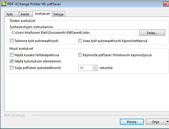 3 Asetukset Asetukset (Settings) -välilehdelle voidaan tallentaa pdfsaver-asetukset. Töiden asetukset (Job Options) Työtiedostojen oletuskansio (Default Folder for Jobs Files).
