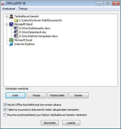 Office-tiedostojen automaattinen muunto 65 Office2PDF 1 Office-tiedostojen automaattinen muunto Office2PDF on PDF-XChangen lisäohjelma, jonka avulla voidaan muuntaa Microsoft Officen Word-, Excel- ja