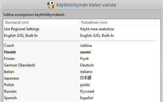 Kielet Välilehdellä Kielet (Languages) voit vaihtaa ohjelman käyttöliittymän kielen.