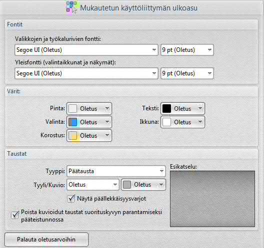 Perusteet 81 Käyttöliittymän mukauttaminen Välilehdellä Käyttöliittymän mukauttaminen (Customize UI) voit vaihtaa mm. valikkojen ja valintaikkunoiden fonttia ja kokoa.