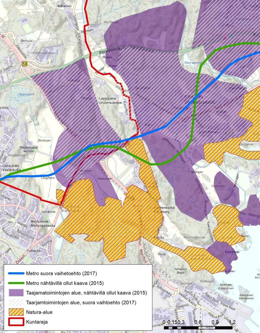 4 Kuva 3-2 Metrolinjaukset ja taajamatoimintojen alueet suorassa vaihtoehdossa sekä nähtävillä olleessa kaavaehdotuksessa.