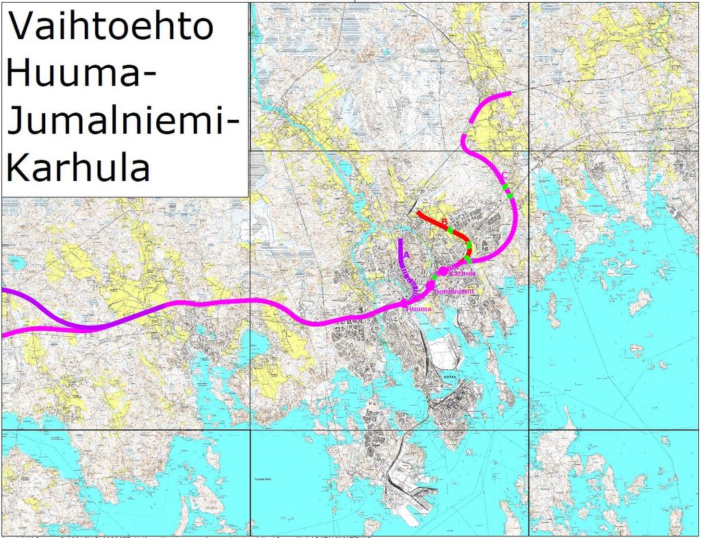 Linjaus- ja asemavaihtoehdot 23 / 30 VE B 100 km/h VE C 90 190 km/h. Kuva 22.