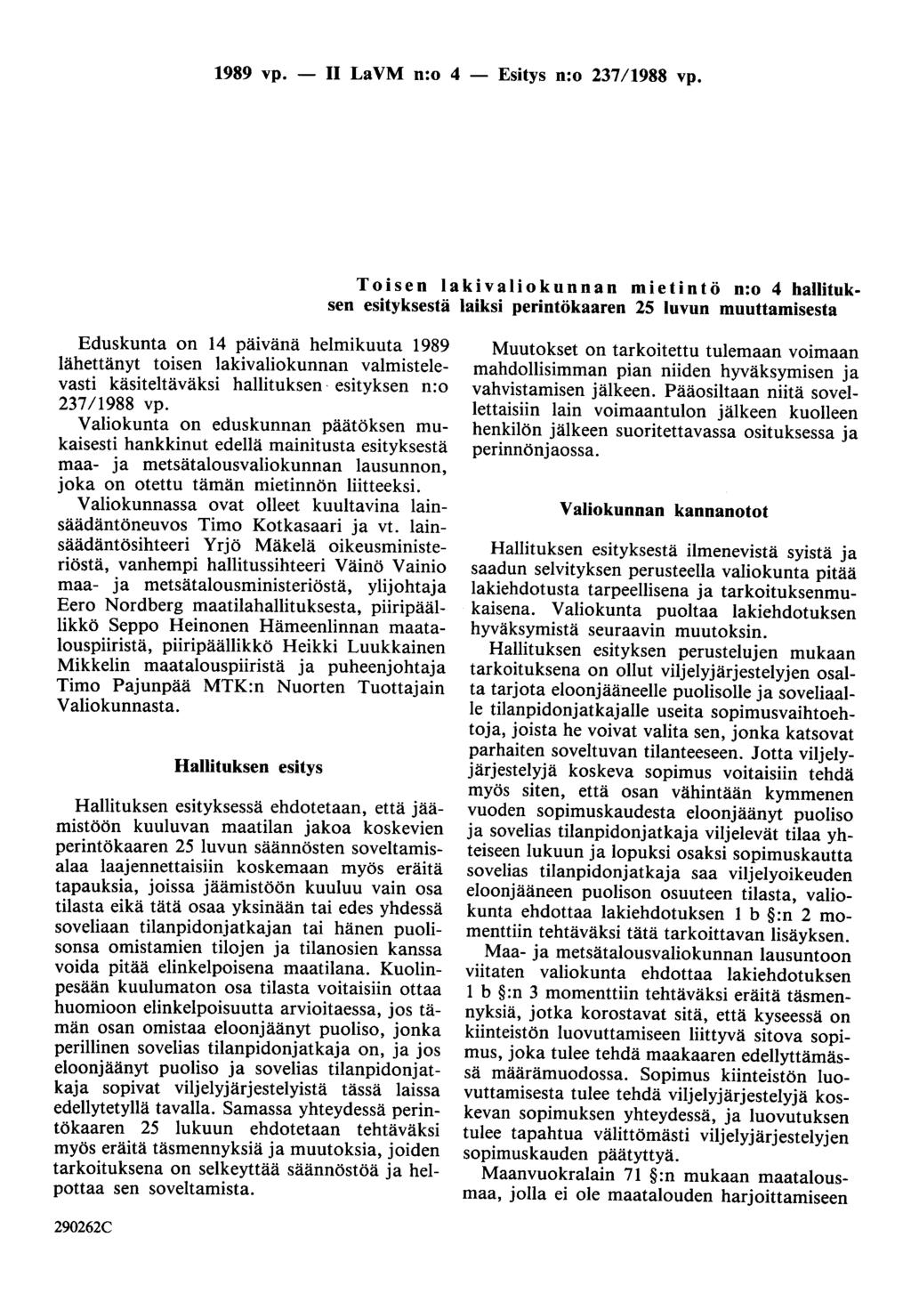1989 vp. - II LaVM n:o 4 - Esitys n:o 237/1988 vp.