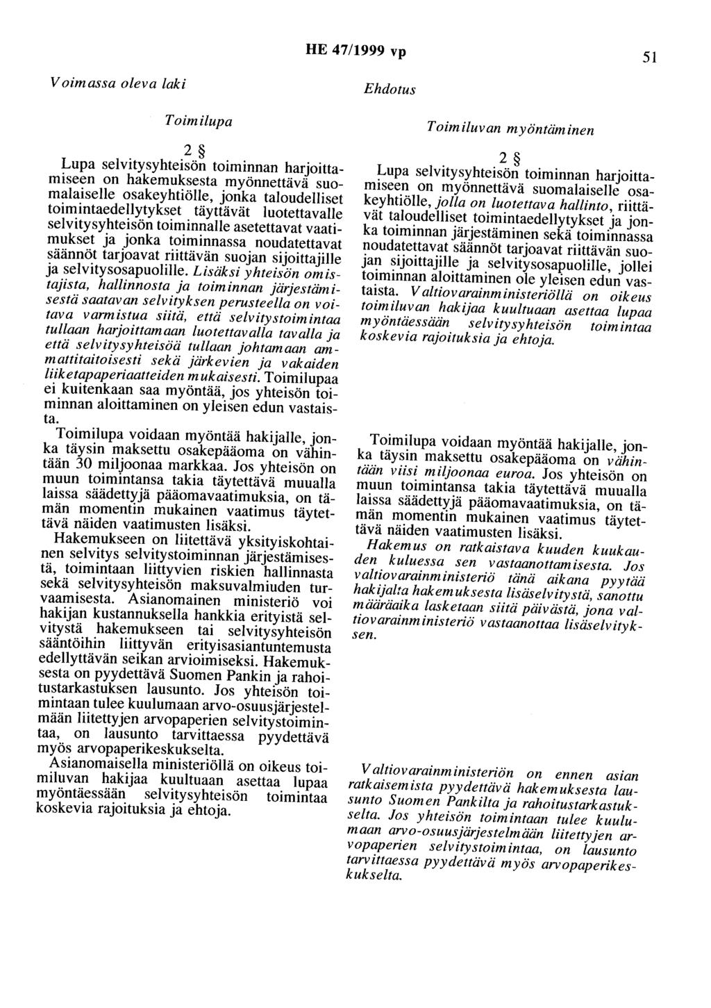 HE 47/1999 vp 51 Voimassa oleva laki Toimilupa 2 Lupa selvitysyhteisön toiminnan harjoittamiseen on hakemuksesta myönnettävä suomalaiselle osakeyhtiölle, jonka taloudelliset toimintaedellytykset