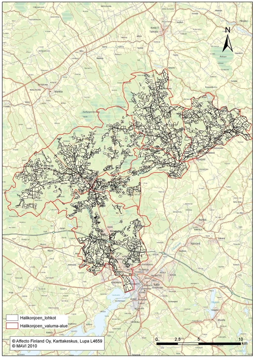 Kuva 1. Halikonjoen valuma-alue osavaluma-alueet ja peltolohkot. Käytetyt aineistot ja luokittelut Maalajiaineisto saatiin GTK:n 1:20 000 maalajikartasta.