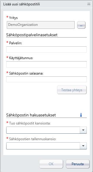 Asetus Salli liitteiden tuominen sähköpostista Kuvaus Valitse tämä asetus, jos haluat sallia laskujen tuomisen sähköpostikansiosta. 5. Määrittele sähköpostitilin asetukset.