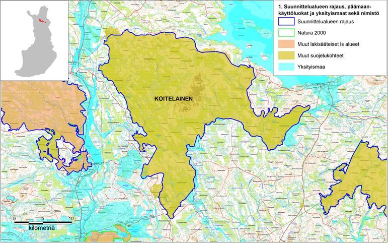 Kuva 1.3 Koitelainen kuuluu kansallisja luonnonpuistojen kehittämisohjelmaan. Lisäksi suunnittelualueeseen kuuluu Natura-alueen laajennuksia.