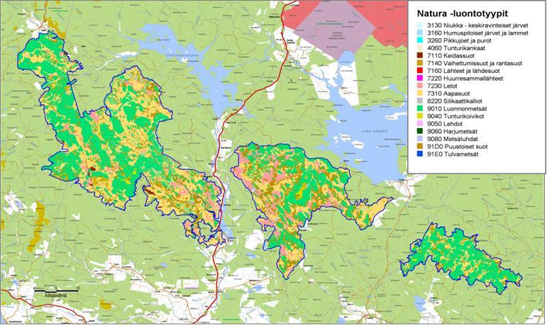 Kuva 2.1 Suunnittelualueen luontotyypit. Vallitsevia luontotyyppejä ovat luonnonmetsät ja aapa-suot.