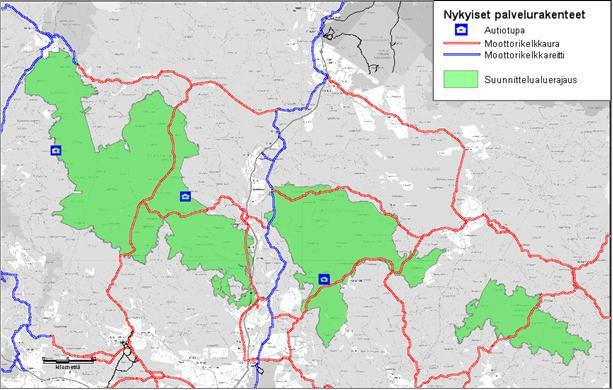 Kuva 3. Suunnittelualueen reitit ja palvelurakenteet. Suunnittelualueella sijaitsee kolme autiotupaa.