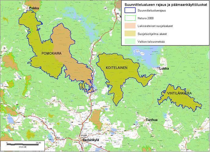 Kuva 1.1 Suunnittelualue kattaa Vintilänkairan, Koitelaisen ja Pomokairan Natura-alueet. Suunnittelualue sijaitsee Kittilän, Sodankylän ja Savukosken kuntien alueella.