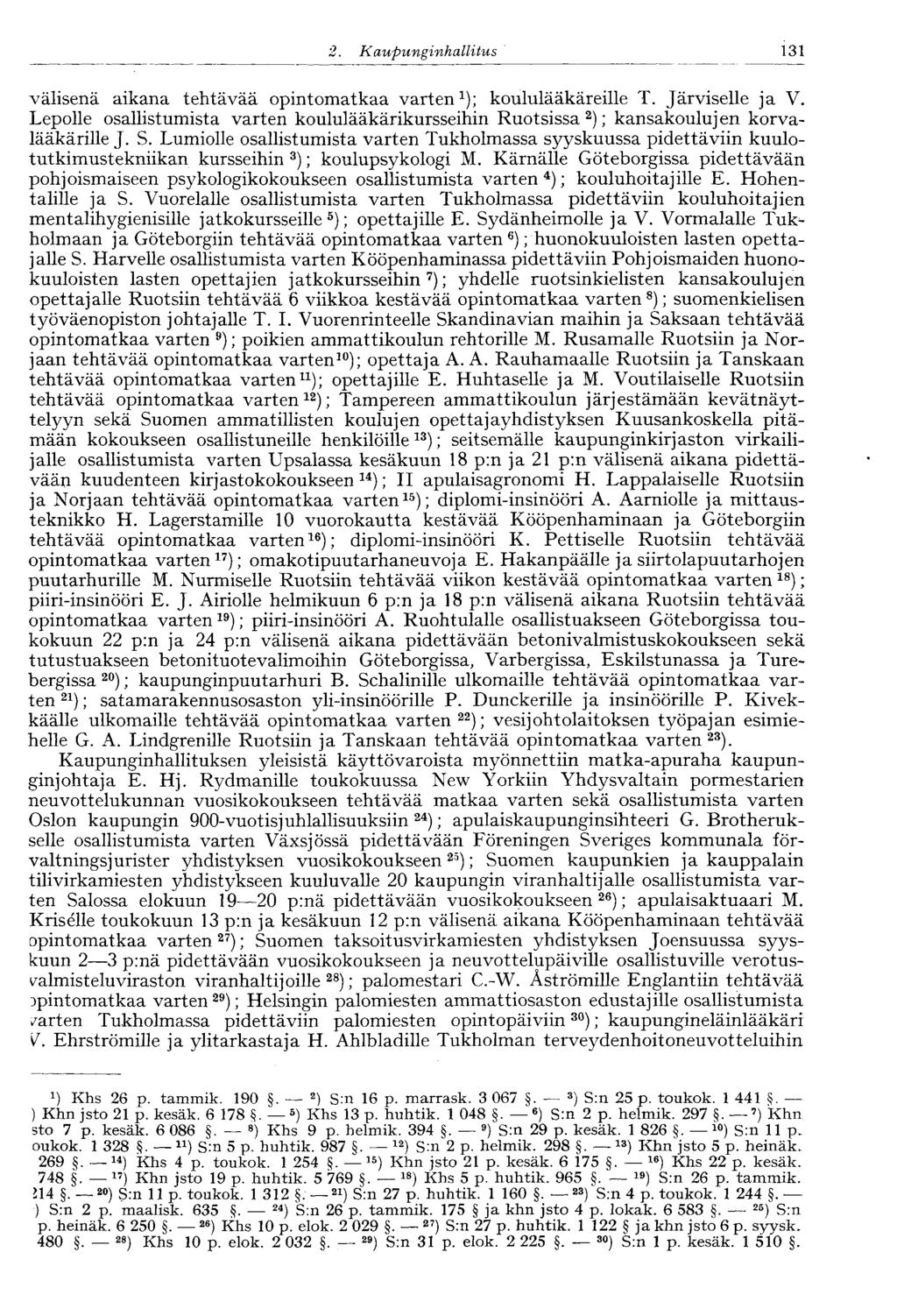 1202.Kaupunginhallitus 131 välisenä aikana tehtävää opintomatkaa varten 1 ); koululääkäreille T. Järviselle ja V.