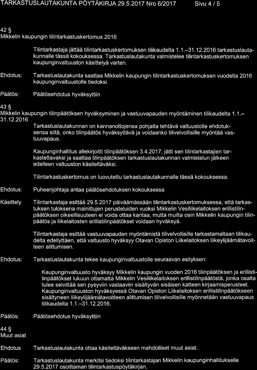 TARKASTUSLAUTAKUNTA PÖYTAKIRJA29.5.2017 NrO 612017 S VU 4 / 5 42S Mikkelin kaupungin tilintarkastuskertomus 20 1 6 Tilintarkastaja jättää tilintarkastuskertomuksen tilikaudelta 1.1.-31.12.2016 tarkastuslautakunnalle tässä kokouksessa.