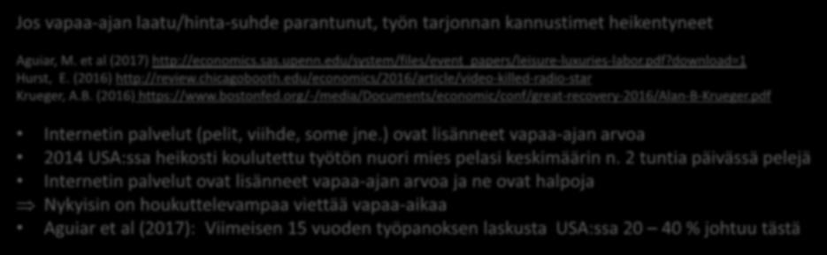 Internet ja työn tarjonta Jos vapaa-ajan laatu/hinta-suhde parantunut, työn tarjonnan kannustimet heikentyneet Aguiar, M. et al (2017) http://economics.sas.upenn.