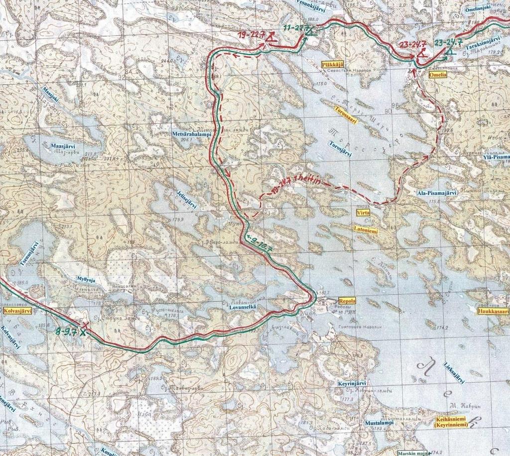 Matkaa kertyi 30 km ja perillä oltiin 10.7 klo 15.00.