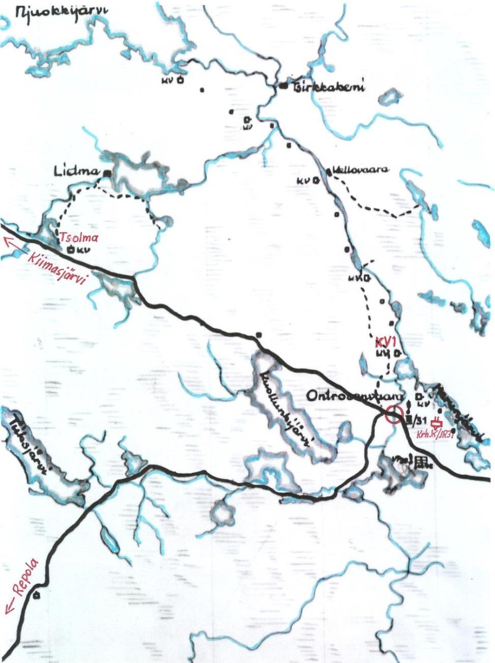 Partiomatka osoitti vaarallisuutensa 7.7.42 klo 13.46 palasi alik. E.Juntusen Kiimasjärven partiosta hänen lisäkseen alik. E.Heikkinen ja stm. E.Timonen pitkän harhailun perästä.