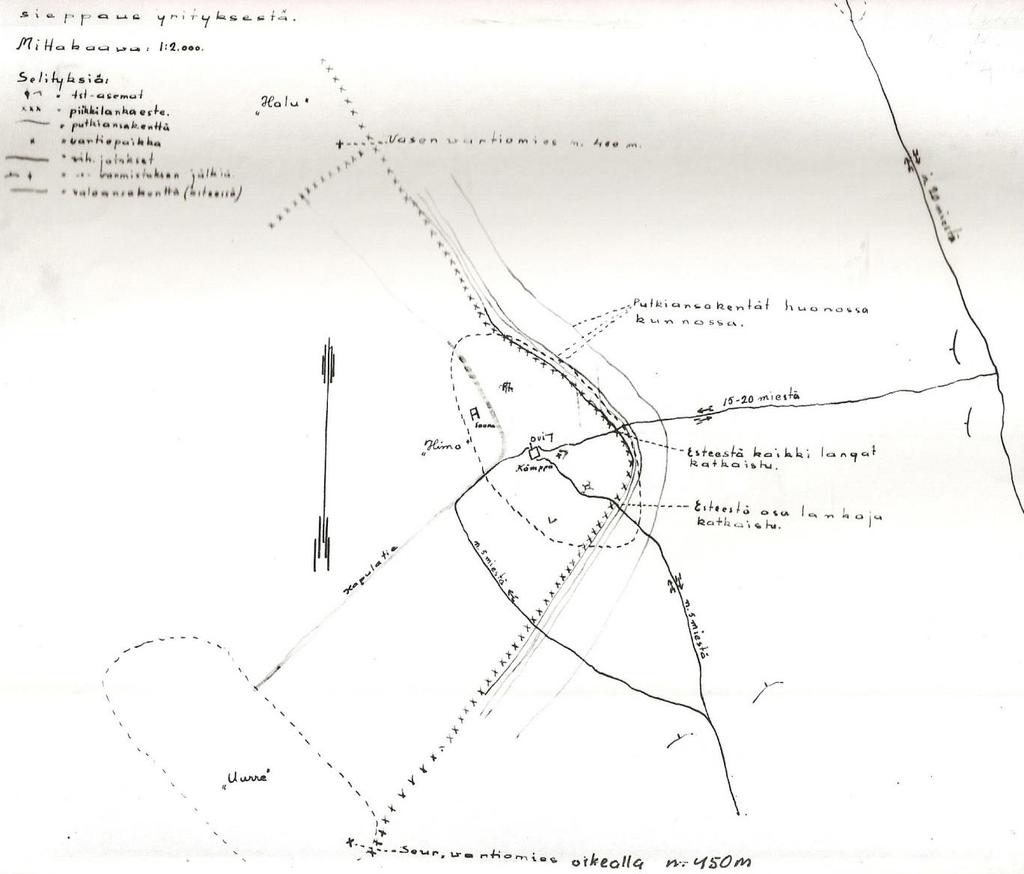 Hyökkäys AV Himoon 4.12.43 yöllä vihollinen tuli kahdelta eri suunnalta 10-15 ja 5-10 ryhminä aliupseerivartioon purkaen aukon miinakenttään ja katkoen piikkilankaesteen langat.