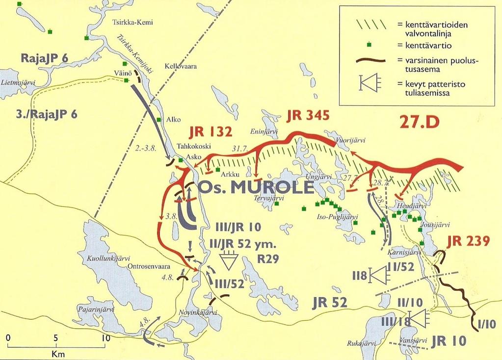 I-joukkue Tahkokoskella 2.8.44 krh-komppanian I-joukkue sai käskyn siirtyä Ontrosenvaara Merunkylän maastoon, josta siirryttiin tuliasemiin Elovaaran kylän eteläpuolelle.