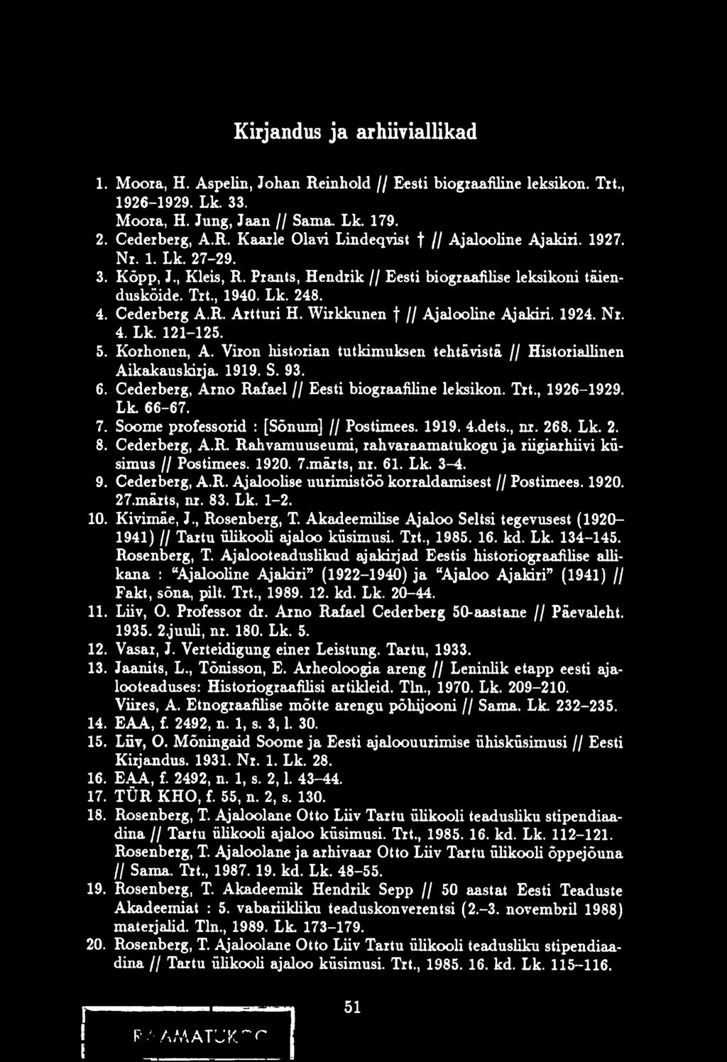 1924. Nr. 4. Lk. 121-125. 5. Korhonen, A. Viron historian tutkimuksen tehtävistä // Historiallinen Aikakauslrirja. 1919. S. 93. 6. Cederberg, Arno Rafael // Eesti biograafiline leksikon. Trt.