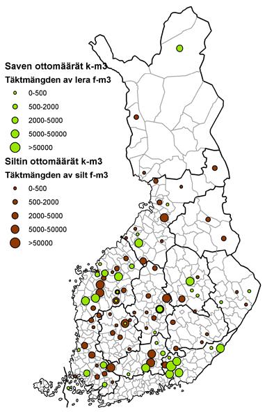 Kuva 30. Siltin ja saven toiminnassa olleet ottamisalueet vuonna 2004. (De verksamma silt- och leratäktsområdena år 2004.) Kuva 31.