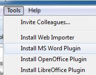 Asenna myös Web importer ja MS Word plugin Asennuksen jälkeen kannattaa Mendeley Desktopin Tools-valikosta asentaa vielä tarvittavat lisäpalikat Web