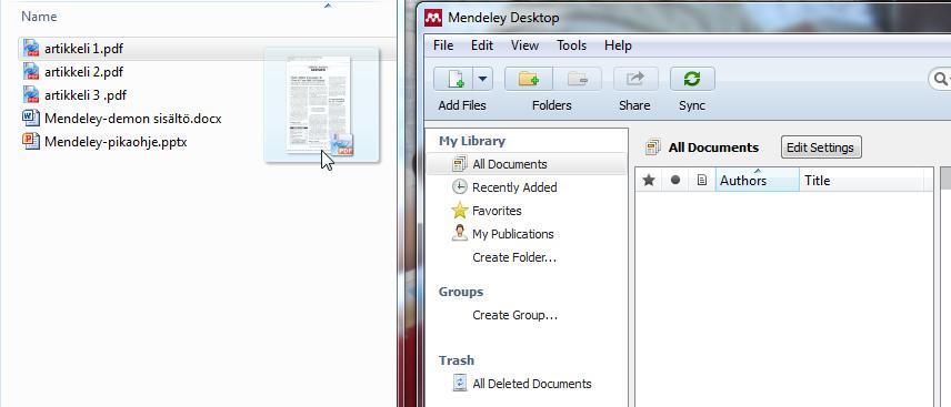 Aiemmin tallennetut PDF:t Mendeleyhyn Jos olet jo aiemmin tallentanut itsellesi pdf-tiedostoja, voit vetää ne hiirellä Mendeleyhyn (viitetiedot yleensä