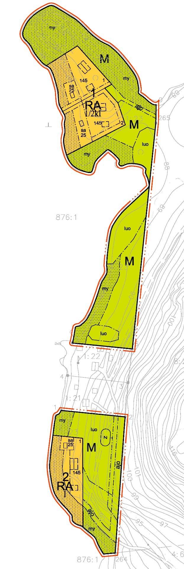 Korttelialueet Asemakaavassa on osoitettu 2 uutta lomarakennusten rakennuspaikkaa (kortteli 1, RA), 1 olemassa oleva lomarakennusten rakennuspaikka (kortteli 2, RA) ja maa- ja metsätalousaluetta (M).