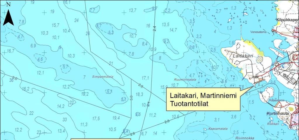 6 Kuva 5-1 Kalanviljelylaitoksen sijainti Kasvatettavan kirjolohen määrä tulee olemaan noin 1 000 000 kg (lisäkasvu) ja käytettävä rehumäärä noin 1 100 0000 kg, kun laitos on täydessä toiminnassa.