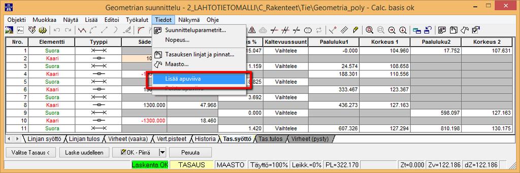 2. Piirretään apulinja kuvaan (line, polyline, arcs tai circle) 3. Mennään Tiedot Lisää apulinja ja osoitetaan apulinjat kuvasta. 15(52) HUOM!