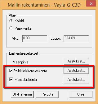 32(52) 3.7. Mallin rakentaminen Seuraavaksi lasketaan malli edellä annettujen arvojen avulla. 1. Klikkaa Rakenna malli - ikonia. Aukeaa Mallin rakentaminen ikkuna. 2. Lasketaan kaikki (koko linja). 3. Käydään tarkistamassa Maanpinta kohdassa, että Maaston rajat -välilehdellä laskentaleveytenä on 150 m (oletusarvona on 150 m).