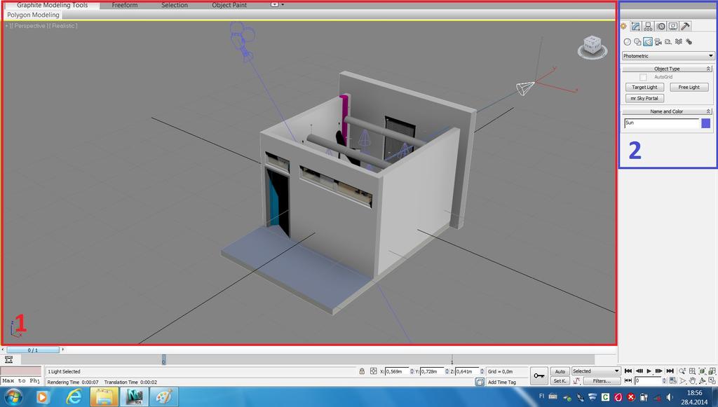 sisältävät pääosan mallintamis- ja animaatiokäskyistä (nämä on jaettu eri välilehtien taakse). Kuva 11. 3ds Max Design 2012:a käyttöliittymän eri osat (A).