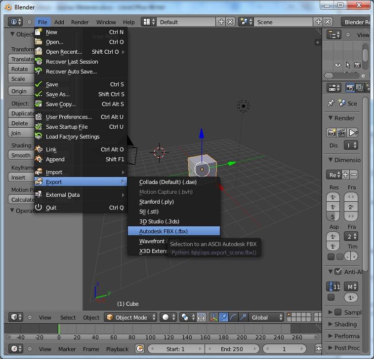 tarvitse muuttaa mihinkään toiseen tyyppiin. Kuvassa 19 näytetään IFCtiedoston vieminen Blenderistä. Mallin voi tallentaa mihin haluaa. Kuva 19. 3D-mallin vieminen Blenderistä Unityyn.