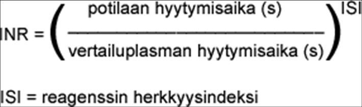 25 (39) Kuvio 1. INR-arvon laskeminen (Fimlab, 2013.) Terveen, antikoagulaatiohoitoa saamattoman ihmisen INR-arvo on noin 0,7-1,2.