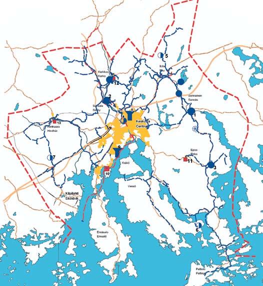 31 Laitokset, vesijohdot ja toiminta-alue POHJAVESILAITOKSET 1 Sannainen / tekopohjavesi 1982 2 Saksala-Kerkkoo 1975 Raakavedenottamo Bosgårdin imeytysalue 3 Norike 1971 Varalaitokset 4 Linnanmäki