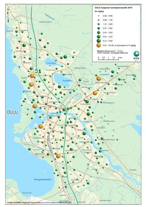 GEOLOGIAN TUTKIMUSKESKUS Oulun taustapitoisuudet 23 Kuva 14. Arseenipitoisuudet Oulun taajama-alueen maaperässä vuonna 2016 (pintamaanäyte 0-10 cm, <2 mm raesuuruus, AR-liuotus).